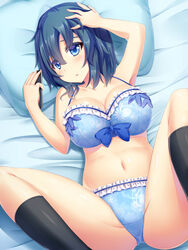 bed black_hair black_legwear blue_eyes blush breasts cellphone cleavage collarbone eyebrows_visible_through_hair female gamers! hand_on_own_head highres hoshinomori_chiaki kneehighs large_breasts liya looking_at_viewer lying navel on_back on_bed parted_lips phone photoshop_(medium) pillow short_hair solo underwear