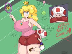 blonde_hair cleavage edit edited female fully_clothed hetero huge_breasts larger_female mario_(series) mario_tennis nintendo ponytail princess_peach red_shorts size_difference smaller_male straight tennis_racket tennis_uniform thick_thighs toad_(mario) uuforya