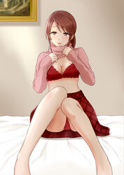 bed brown_hair idolmaster mifune_miyu red_bra red_panties red_skirt sitting_on_bed skirt upskirt