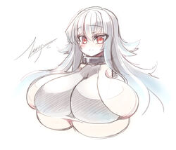 big_breasts breasts bust cleavage huge_breasts large_breasts overflowing_breasts red_eyes shino_(zerion) sideboob signature silver_hair tagme underboob zerion