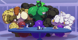 2020 5_fingers 5_toes anime_meat anthro balls big_balls big_bulge big_muscles big_pecs big_penis black_nipples bobert buffzard_(character) bulge canid canine chibi closed_eyes clothed clothing countershading cup cutlery dragon eating fangs feet fingers food fork fur furniture genitals green_countershading group holding_object huge_balls huge_bulge huge_cock huge_muscles huge_pecs hyaenid hybrid hyper hyper_balls hyper_bulge hyper_genitalia hyper_muscles hyper_pecs hyper_penis kitchen_utensils knife male mammal mohawk muscular nipples pancake pecs penis plate purple_nipples size_difference smile table tea_cup toes tongue tongue_out tools underwear underwear_only white_body white_countershading white_fur