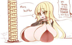 big_breasts blonde_hair bra breasts butter cleavage english_text huge_breasts humor large_breasts original_character overflowing_breasts speech_bubble tagme zerion