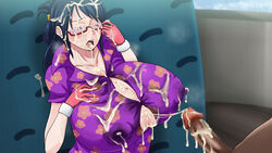 after_paizuri after_sex big_breasts breasts bukkake censored cum cum_on_body cum_on_breasts cum_on_face cum_on_upper_body female glasses huge_breasts large_breasts large_penis male mikanberry mosaic_censoring one_piece penis shounen_jump submissive_pose tashigi