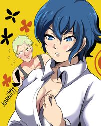 1boy 1girls alternate_breast_size atlus breasts cleavage female kanji_tatsumi karbuitt male nosebleed persona persona_4 sega shirogane_naoto