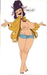 big_breasts command_grab cow_girl cowbell edit gamer_girl inverted_nipples jacket mole_on_breast navel nuclearwasabi smug tagme topless