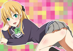 ass black_legwear blazer blonde_hair blush bow female gamers! green_eyes hara_(harayutaka) head_rest jacket kneehighs long_hair looking_at_viewer lying miniskirt on_stomach open_mouth pleated_skirt school_uniform skirt smile solo tendou_karen