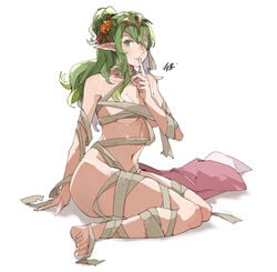 arm_support ass bandage bandage_over_one_eye bandages barefoot breasts cleavage female finger_to_mouth fingerless_gloves fingernails fire_emblem fire_emblem_awakening gloves green_eyes green_hair halloween high_ponytail highres legs looking_at_viewer medium_breasts mummy naked_bandage navel nintendo pillow pointy_ears ponytail sakuremi shushing sidelocks signature simple_background sitting solo thighs tiki_(adult)_(fire_emblem) tiki_(fire_emblem) toenails wavy_hair white_background yokozuwari