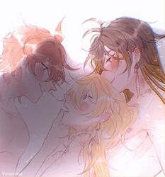 3boys aether_(genshin_impact) amber_eyes bite bite_mark blonde_hair blue_eyes blush brown_hair childe_(genshin_impact) domination femboy gay genshin_impact ginger_hair long_hair male male_only scar scars size_difference submissive tartaglia_(genshin_impact) threesome yaoi yellow_eyes zhongli_(genshin_impact)