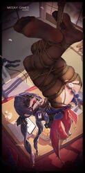 anal_beads blindfold bondage dildo gag genshin_impact ice_(ice_aptx) lactation mona_(genshin_impact) nipples no_shoes pantyhose pussy sex_toys source_request suspension upside-down