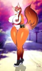 absurd_res anthro big_breasts braided_hair breasts canid canine female fox genitals hair hi_res lips mammal nipples nude outside purse pussy solo thick_thighs tutifruti_(artist) wide_hips