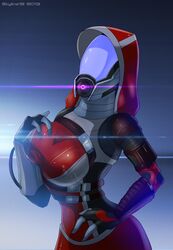 alternate_version_available bodysuit breasts fully_clothed hood looking_at_viewer mask mass_effect quarian skintight_bodysuit skyline19 teqa