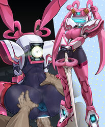 1boy 1girls android anus ass ass_grab bar_censor blue_anus blue_pussy breasts cd censored dark-skinned_male dark_skin doggy_style fei-yen forehead_jewel full_body hybrid no_mouth penis pink_breasts pochincoff pointless_censoring pussy pussy_juice robot robot_girl spread_anus sword vaginal_penetration virtual_on weapon