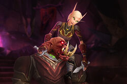 1boy 1girls 2014 3d blonde_hair blood_elf bob_cut fel_orc green_eyes mira_sunshadow muscular_male original_character red_skin rexxcraft size_difference world_of_warcraft