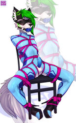 1boy 1femboy 2021 anthro arms_tied ayzutho-artz ball_gag black_high_heels black_nose blindfold blue_ball_gag blue_penis bodily_fluids bondage bound canid canine drooling ejaculation femboy_only footwear fox furry furry_only gag gagged genitals green_hair hands_behind_back high_heels highres male male_only mammal moddish penis pink_rope rope rope_bondage saliva sensory_deprivation shoes simple_background solo submissive submissive_anthro submissive_male testicles white_background