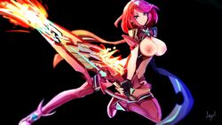 1girls action_pose boots breasts breasts_out heaven_of_light nintendo pyra red_hair smile sword thighhigh_boots tiara xenoblade_(series) xenoblade_chronicles_2