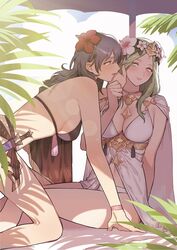 2girls adjusting_another's_hair all_fours beach_umbrella bikini black_bikini blue_hair breasts byleth_(fire_emblem) byleth_(fire_emblem)_(female) byleth_(summer)_(fire_emblem)_(female) cape cleavage dagger female_only fire_emblem fire_emblem:_three_houses fire_emblem_heroes flower green_hair hair_flower hair_ornament highres ikarin looking_at_another multiple_girls nintendo palm_tree plant rhea_(fire_emblem) rhea_(summer)_(fire_emblem) shade sitting smile sunlight swimsuit tree umbrella wariza weapon yuri