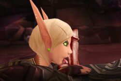 1boy 1girls 2014 3d animated blonde_hair blood_elf bob_cut eye_contact fel_orc green_eyes licking licking_penis looking_at_viewer mira_sunshadow muscular_male original_character red_skin rexxcraft size_difference world_of_warcraft