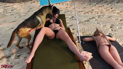 3d beach bikini blonde_hair brown_hair canine canine_penis dead_or_alive driigon eyes female handjob knot marie_rose nyotengu public zoophilia