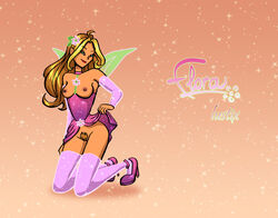 1girls 4kids_entertainment breasts brown_hair fairy fairy_wings female flora_(winx_club) green_eyes high_heels kneeling latina looking_at_viewer lustix nickelodeon pubic_hair rainbow_(animation_studio) solo tagme text wings winx_club winxstar9