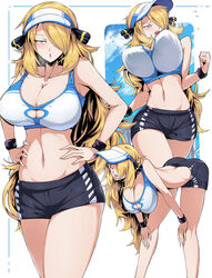 1girls 2021 bare_midriff bare_thighs bent_over big_breasts blonde_hair blue_eyes booty_shorts breasts champion cleavage cynthia_(pokemon) female female_only fit_female horny human jiggle jogging long_hair midriff nintendo open_mouth pokemon pokemon_dppt shorts solo solo_female sports_bra sportswear suzusiigasuki sweat thighs visor white_background white_skin