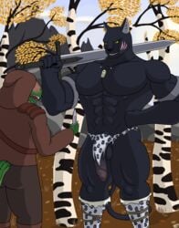 absurd_res anthro argonian balls bara bethesda_softworks big_penis black_body black_fur blush bottomwear clothed clothing duo felid foreskin fur gay genitals hi_res khajiit knife loincloth looking_at_another male male_only mammal melee_weapon outside penis pizzaozzy_(artist) scalie size_difference skimpy skyrim sword the_elder_scrolls uncut video_games weapon yaoi