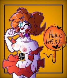 android animatronic baby_(fnafsl) blue_eyes circus_baby circus_baby_(fnaf) clown clown_girl clown_nose color colored digital_media_(artwork) fan five_nights_at_freddy's goldbite83 hi_res medium_breasts nipples not_haunted orange_hair partially_clothed perky_breasts red_skirt robot_girl robot_humanoid seductive seductive_eyes seductive_look shiny_skin sister_location skinny skirt solo sweatdrop text tongue_out ultimate_custom_night white_body wink winking