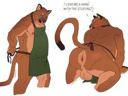 4:3 absurd_res anthro apron apron_only ass backsack balls clothing cougar english_text felid feline gay genitals hi_res male mammal mostly_nude muscular nipples overweight presenting presenting_hindquarters sinibun_95 solo tagme text