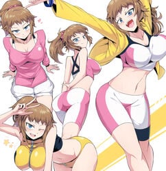 1girls ass bare_midriff bike_shorts blue_eyes blush booty_shorts bouncing_breasts breasts brown_hair butt clothing gundam gundam_build_fighters gundam_build_fighters_try heart hoshino_fumina looking_at_viewer looking_back one_eye_closed open_mouth ponytail short_hair solo sports_bra suzusiigasuki v white_background white_skin wink