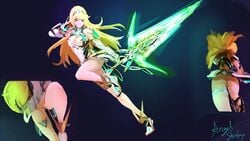 1girls action_pose ass blonde_hair blonde_pubic_hair breasts breasts_out heaven_of_light mythra nintendo pubic_hair pussy sword tiara upskirt xenoblade_(series) xenoblade_chronicles_2