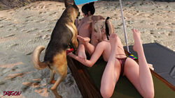 1boy 2girls 3d ass beach big_ass bikini blonde_hair brown_hair canine canine_penis dead_or_alive driigon eyes female knot marie_rose nyotengu public zoophilia