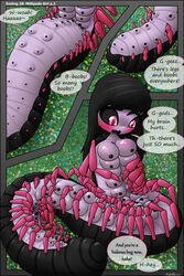 anthro black_hair black_skin blush breasts bug_girl female multi_breast multi_leg multi_limb nude pink_eyes pink_hair purple_skin text transformation uncensored visorelle