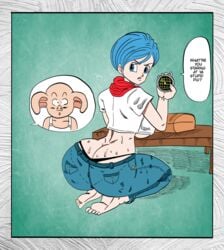 1boy 1girls ass big_ass big_breasts big_butt breasts bulma_briefs clothed_female doompypomp dragon_ball dragon_ball_super fully_clothed krimreaper oolong recolor text