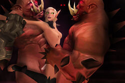 1boy 1girls 2014 3d anal anal_sex blonde_hair blood_elf bob_cut cowgirl_position fel_orc green_eyes interspecies mira_sunshadow muscular_male original_character red_skin rexxcraft size_difference spread_legs threesome vaginal_penetration world_of_warcraft