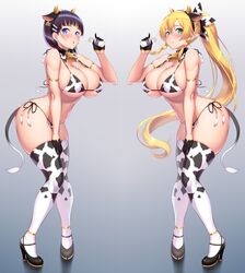 absurd_res animal_ears animal_print bangs bare_shoulders bell bell_collar big_breasts bikini black_footwear black_gloves black_hair blonde_hair blue_eyes blunt_bangs blush bottle breasts brown_hair clavicle cleavage collar cow_bell cow_ears cow_girl cow_horns cow_print cow_tail edited elbow_gloves erect_nipples erect_nipples_under_clothes fake_animal_ears fake_horns fake_tail female full_body gloves gradient gradient_background green_eyes grey_background hair_ornament hairclip hand_on_own_thigh hand_on_thigh hi_res high_heels horns huge_breasts kawase_seiki kirigaya_suguha knees_together knees_together_feet_apart large_breasts leafa leaning_forward linea_alba long_hair looking_at_viewer milk_bottle navel nipples open_mouth print_legwear shoes short_hair side-tie_bikini simple_background skindentation slim_waist smile swimsuit sword_art_online symmetrical_docking tail thighhighs