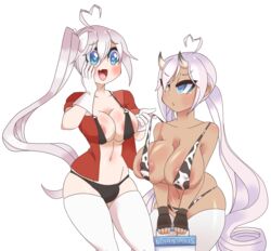 1futa 1girls azur_lane big_breasts big_nipples black_gloves blue_eyes bucket byternomar cow_girl cow_print dark-skinned_female female futanari heart-shaped_pupils heterochromia horns human humanoid indianapolis_(azur_lane) light-skinned_female light_hair light_skin long_hair lube_on_skin lubed_up milk_bottle milk_bucket penis_bulge ponytail portland_(azur_lane) shiny_skin tan_skin thick_thighs voluptuous white_hair white_legwear white_thighhighs