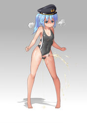 angry aqua_hair bar_censor bare_arms bare_legs bare_shoulders barefoot black_swimsuit blue_hair censored character_request copyright_request covered_navel female flat_chest full_body futanari hat one-piece_swimsuit peeing penis ponytail small_penis solo standing stmaster swimsuit testicles