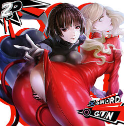 2girls ann_takamaki atlus bar_censor blonde_hair blush bodysuit breasts brown_hair censored earrings english_text exposed_pussy glassjill gloves green_eyes highres jewelry long_hair makoto_niijima multiple_girls open_clothes persona persona_5 phantom_thief_suit pink_gloves pussy pussy_juice red_bodysuit red_eyes sega tail twintails yuri