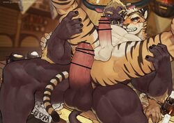 18plusplus 2boys anthro balls big_penis blush bounty_hunter bovid bovine cattle censored duo english_text erection felid gay genitals huge_cock humanoid_genitalia humanoid_penis imminent_sex male male/male male_only mammal muscular muscular_anthro muscular_male nude pantherine penis spread_legs spreading text tiger wanted_poster yaoi