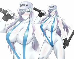 1girls alternate_costume bare_shoulders big_breasts blue_eyes blush breasts cleavage clothing curvy eyelashes female female_focus female_only fingerless_gloves frown gloves hair_over_one_eye hat hataraku_saibou hataraku_saibou_black hips japanese_text large_breasts long_hair looking_to_the_side navel one-piece_swimsuit revealing_clothes scabbard shibusun shiny_skin sideboob silver_hair simple_background skimpy sling_bikini solo solo_female swimsuit sword text thick_thighs thighs u-1196 voluptuous weapon weapon_over_shoulder white_background white_blood_cell_(hataraku_saibou) white_skin wide_hips