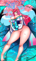 absurd_res ahri animal_humanoid big_breasts breasts canid canid_humanoid canine canine_humanoid clothed clothing clothing_lift dress dress_lift feet female flower fox_humanoid genitals hi_res humanoid league_of_legends looking_at_viewer mammal mammal_humanoid multi_tail no_underwear partially_clothed plant pussy riot_games solo spirit_blossom_ahri spirit_blossom_series toes tutifruti_(artist) video_games wide_hips