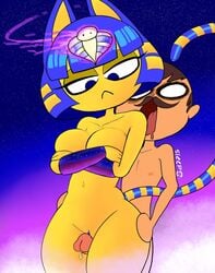 1boy 1girls 2021 :< animal_crossing animal_crossing_boy ankha ankha_ride_(minus8) anthro arms_folded blue_eyes blue_hair breasts cat_ears cleavage covered_nipples covering_breasts duo egyptian felid feline felis female female_focus fur furry hands_on_thighs hi_res human_on_anthro looking_down male male/female moustache navel nintendo nude outercourse p0stalk penis precum precum_drip pussy sex skinny_male solo_focus straight tail taller_girl thick_thighs thigh_sex thighs unamused unimpressed villager_(animal_crossing) yellow_body