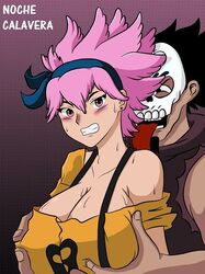 1boy 1boy1girl big_breasts breast_press breasts chikan clothed clothed_female female large_breasts molestation night_skull noche_calavera pink_hair