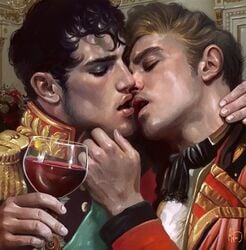 2boys alcohol alifranco_art black_hair blonde blonde_hair brown_hair character_request enbrace eyes_closed gay hand_on_chin hand_on_neck historical horny hugging human human_only kiss kissing male male/male male_only manly military_uniform mouth_open realistic romantic_couple royalty uniform wine wine_glass yaoi