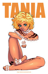 big_hair blonde_hair curly_hair darkereve jagua_tales no_pants pantsless partially_clothed short_hair tagme tan_skin tania_serrata tattoos white_background white_outfit