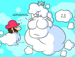 1boy 1girls ambiguous_gender anthro big_ass big_belly big_breasts big_butt breasts chubby chubby_female cloud crown cute english_text featureless_breasts female female_focus large_breasts larger_female male mario mario_(series) no_nipples original_character outdoors princess_puffy size_difference sleepyslut soft text tummy white_body white_skin wholesome