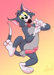 absurd_res anthro balls bodily_fluids domestic_cat felid feline felis genital_fluids genitals hi_res lobofeo looking_at_viewer male mammal metro-goldwyn-mayer penis precum smile solo tom_and_jerry tom_cat tongue tongue_out warner_brothers