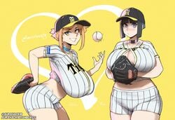 2girls aleixa_(aurahack) aurahack baseball baseball_(ball) baseball_cap baseball_glove baseball_uniform big_breasts breasts cleavage female female_only huge_breasts large_breasts looking_at_viewer tera_(aurahack) thick_thighs wide_hips