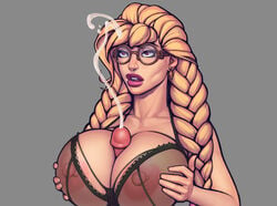 1girls blonde_hair boobsgames bra breasts cum cumshot ejaculation_between_breasts female glasses huge_breasts juliet_(warlock_and_boobs) lingerie paizuri paizuri_under_clothes penis unseen_male_face warlock_and_boobs