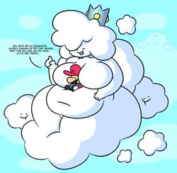 1boy 1girls ambiguous_gender anthro big_ass big_belly big_breasts big_butt breasts chubby chubby_female cloud crown cute english_text featureless_breasts female female_focus large_breasts larger_female male mario mario_(series) no_nipples original_character outdoors princess_puffy size_difference sleepyslut soft text tummy white_body white_skin wholesome