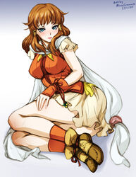 1girls artist_name bare_legs big_breasts blue_eyes dated fire_emblem fire_emblem:_radiant_dawn fully_clothed light_blush lips looking_at_viewer medium_breasts medium_hair minacream mist_(fire_emblem) nintendo orange_hair simple_background sitting skirt solo solo_female white_background